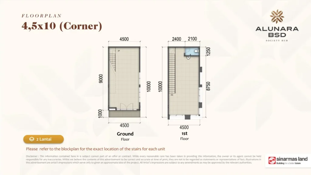 Denah Ruko Alunara BSD 4.5x10 Sudut